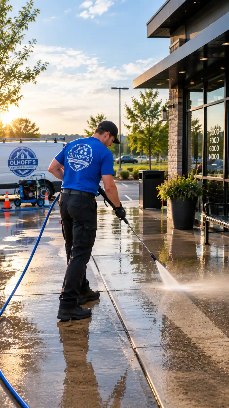 Commercial business entrance and parking pad pressure washing in Morris MN